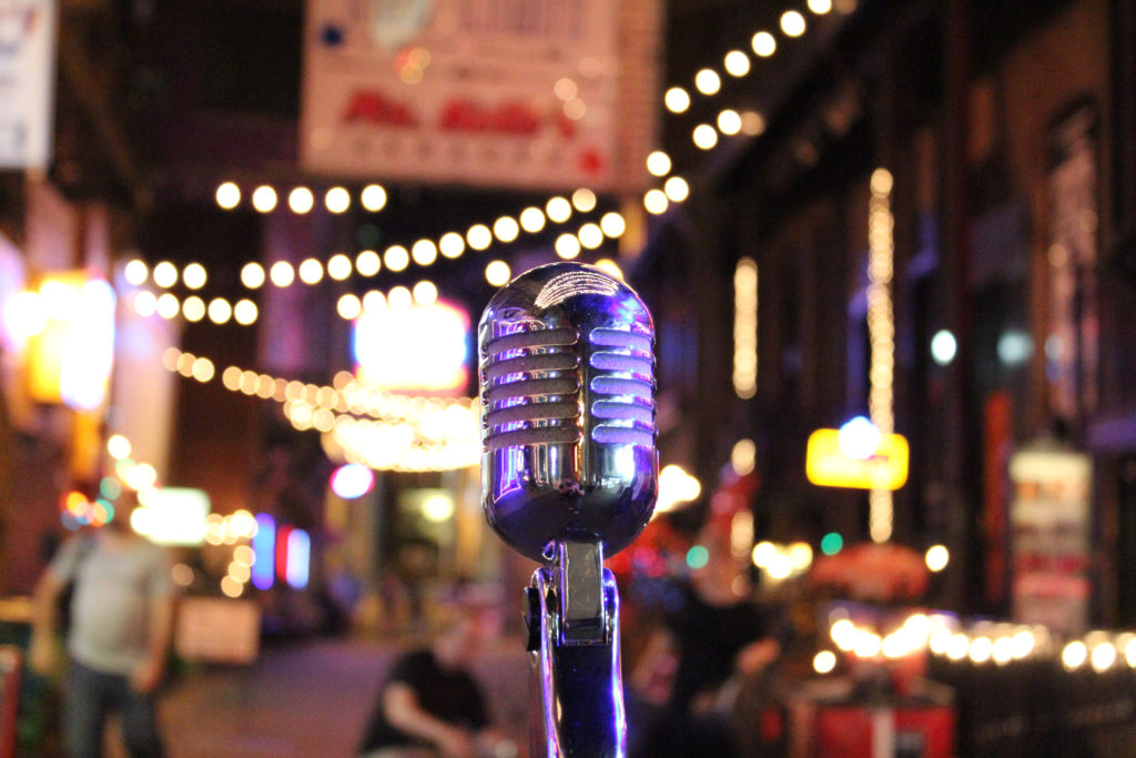 A Microphone is set up in Printer's Alley, Nashville for a movie shoot